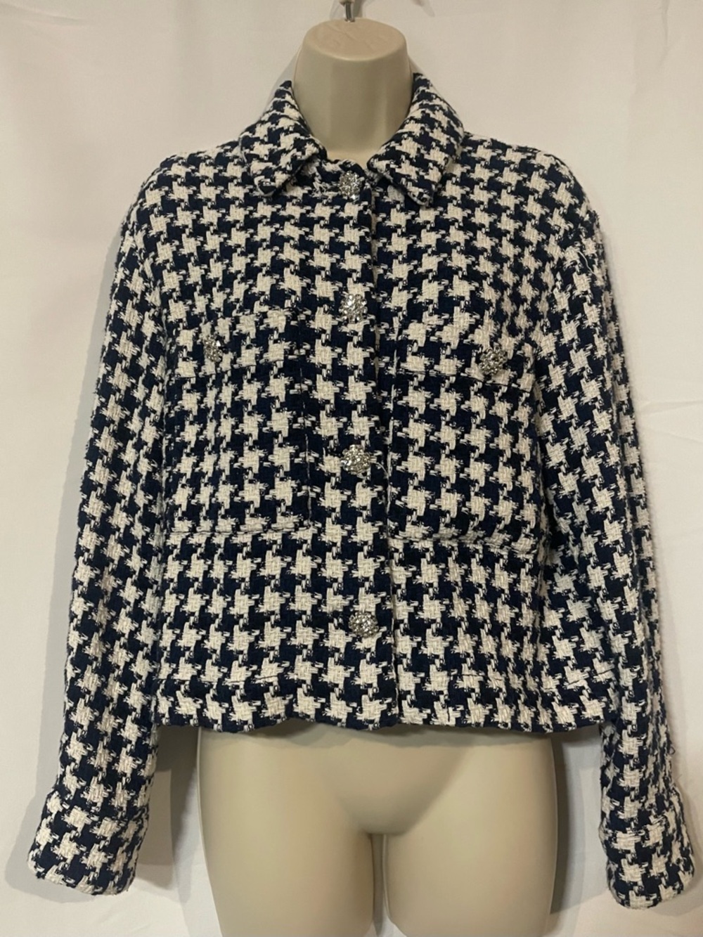 ZARA Houndstooth White/Blue Cropped Jewel Button Jacket\Blazer - Picture 3 of 9